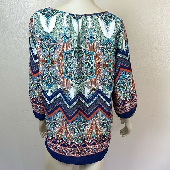 Renee C. No iron Large Paisley Chevron V-Neck 3/4 Sleeve Vibrant Boho Blouse top - Picture 5 of 11